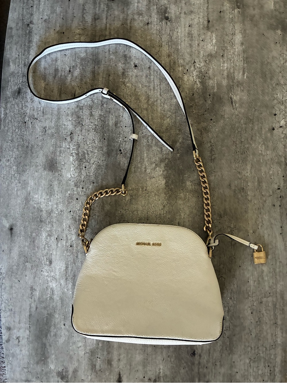 Michael Kors Cream Pebbled Leather Crossbody with Gold Chain Trim